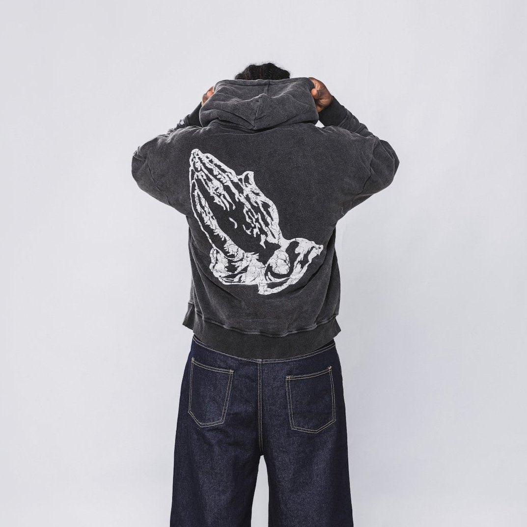 Black Acid Wash Prayer Hands Hoodie